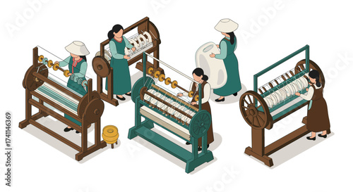 Traditional textile weaving machines with workers in isometric design