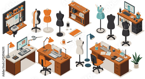 Isometric fashion design studio: mannequins, sewing tools, and creative workstations