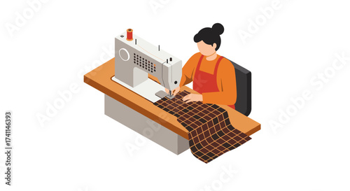 Seamstress at work with sewing machine in isometric style