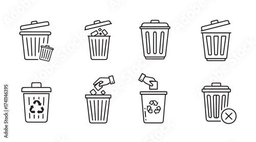Collection of trash can icons showing disposal recycling and no entry symbols vector