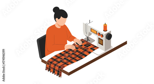 Person sewing seamlessly: crafting patterns with sewing machine in minimalistic style