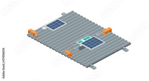 Isometric solar panel installation on industrial roof with modern equipment