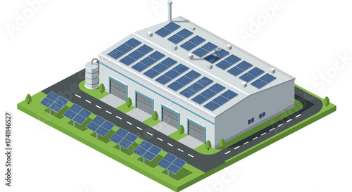 Modern sustainable warehouse with solar panels in isometric perspective