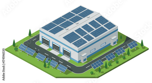Isometric warehouse with solar panels and green landscaping for sustainable energy