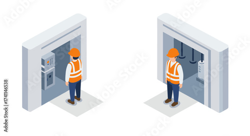 Isometric workers in safety gear operating control panels