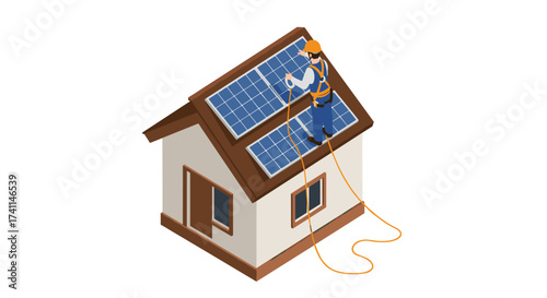 Isometric worker cleaning solar panels on residential roof for sustainable energy maintenance