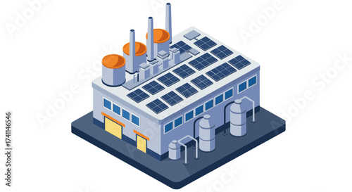 Isometric industrial factory with solar panels and chimneys