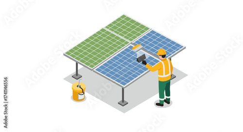 Worker installing solar panels in isometric style for renewable energy solutions