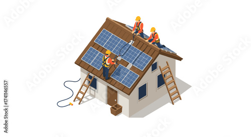 Workers installing solar panels on house roof in isometric style