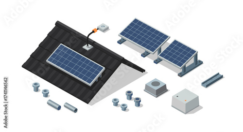 Isometric solar panel installation kit on rooftop