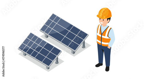 Engineer in hard hat viewing solar panels isometric renewable energy concept