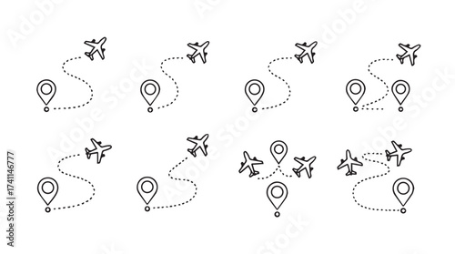 Hand drawn airplane route map icons with location pins and flight paths vector