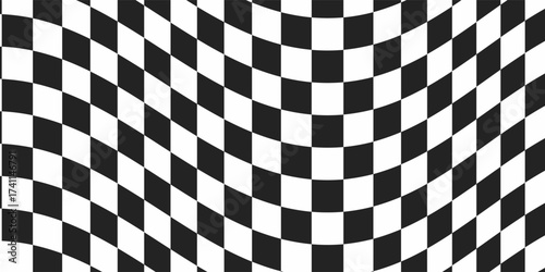 Psychedelic optical background. Abstract chess square illusion. Wavy surface checkered pattern with geometric graphic. Checkerboard warped print. Y2k design for banner.eps 10