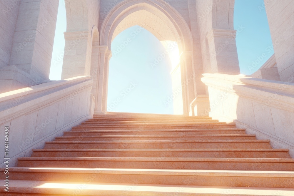 Obraz premium Ascending to the Light: An upward staircase bathed in radiant sunlight, leading towards a bright archway against a serene sky, creating a sense of hope and ascension.