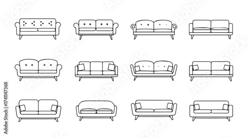 Diverse collection of couch and sofa furniture designs isolated architectural line drawings representing various styles vector