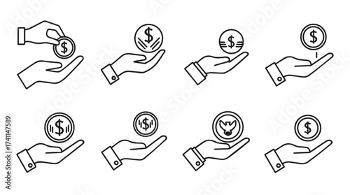Hand holding coin icons collection for financial transactions and investment concepts vector