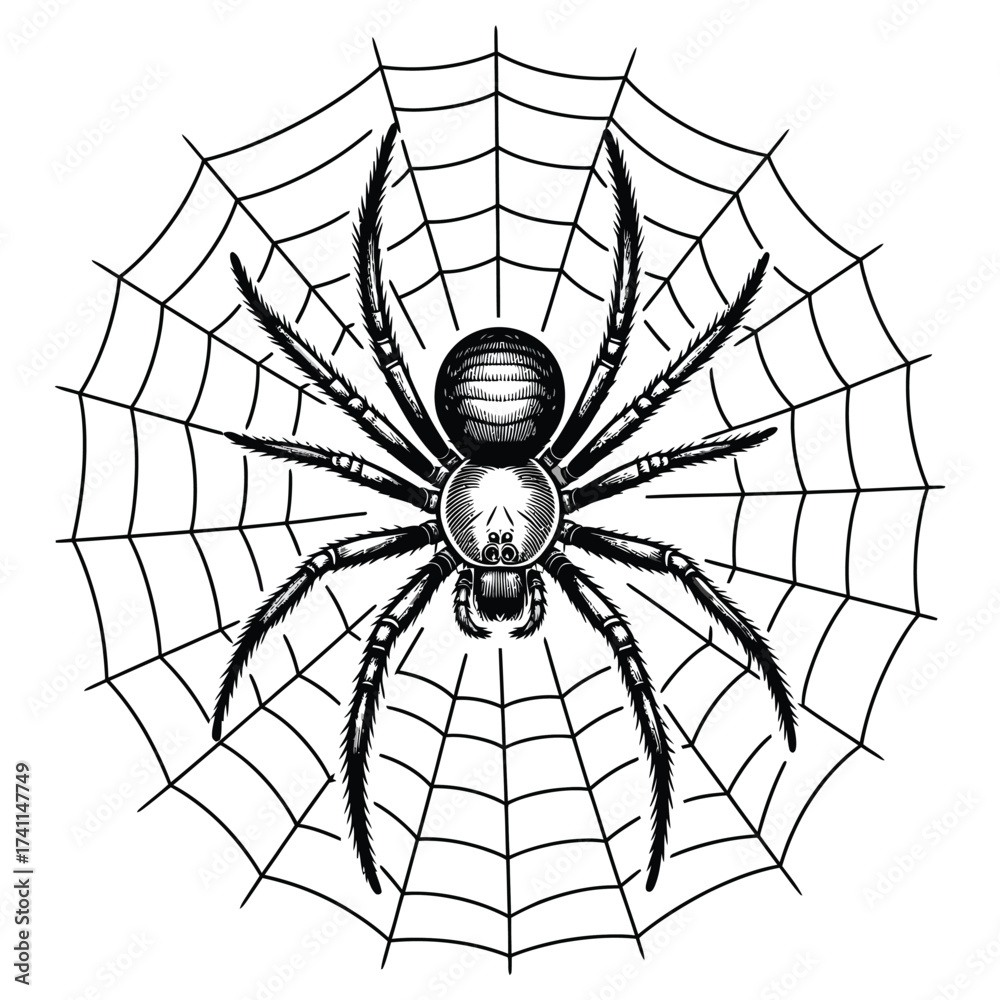Obraz premium Detailed black and white illustration of a spider on its web