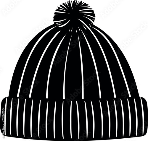 Silhouette of a warm winter beanie hat with a fluffy pompom