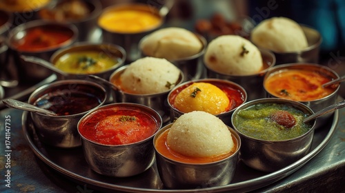 Fototapeta Naklejka Na Ścianę i Meble -  Mini idlis with colorful chutneys, served in small steel cups, vibrant street style.