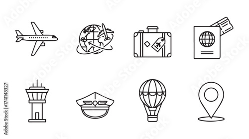 Set of travel and aviation icons including airplane globe suitcase passport control tower cap hot air balloon and map pin. vector