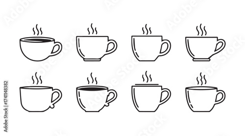 Set of eight hand drawn coffee cups with steam gentle lines minimalist style for breakfast and cafes vector
