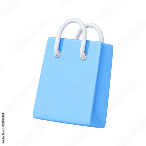 Modern 3D shopping bag in blue with white handles, isolated on white background