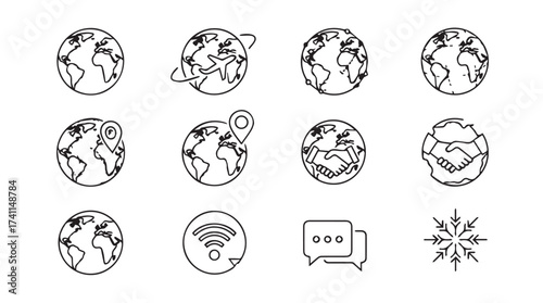 Set of stylized globe icons with map pin wifi and chat bubbles for global communication concepts vector