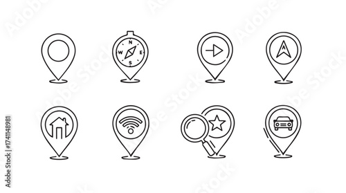 Hand drawn location pin icons with diverse symbols for navigation and services vector