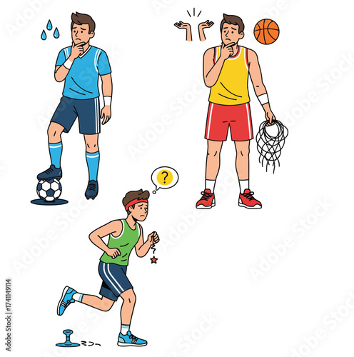 Three athletic men in silhouette performing sports activities silhouette