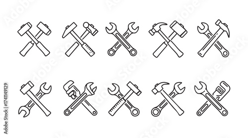 Crossed hammer and wrench icons collection set retro sketch style hand drawn tools vector