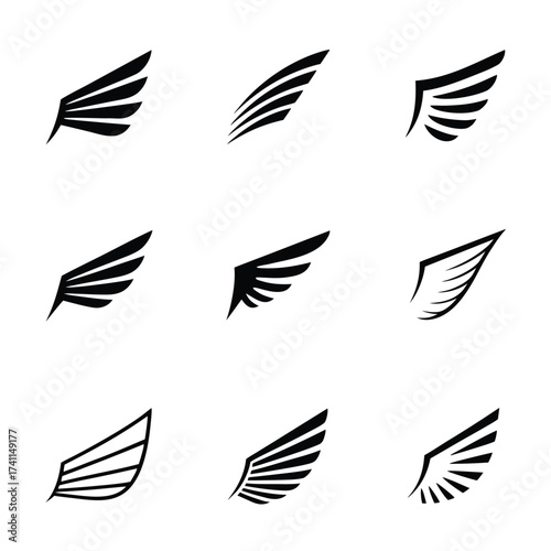 Nine black stylized wing icons on white background wings symbol