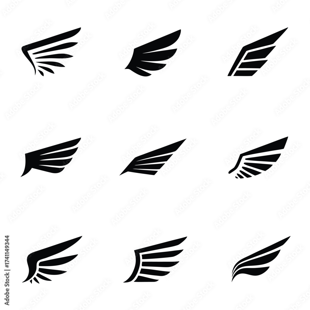Obraz premium Nine black wing icons on white background abstract graphic design elements wings symbol