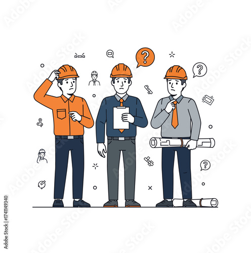 Three construction workers in hard hats standing together silhouette