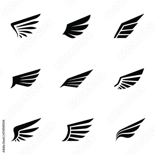 Nine black wing icons on white background abstract graphic design elements wings symbol