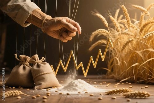 Hand manipulates wheat stalks and flour, creating a graph symbolizing market control and price manipulation in the food industry, conveying a sense of unease.
