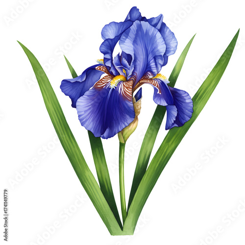 Beautiful blue iris flower with green leaves.