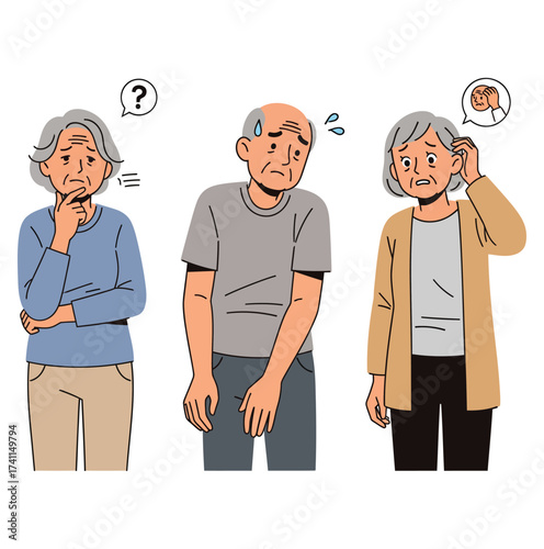 Three elderly people with confused expressions silhouette