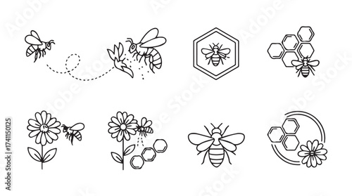 Delicate sketch style honey bee and flower elements for artisanal designs and sweet decorations vector