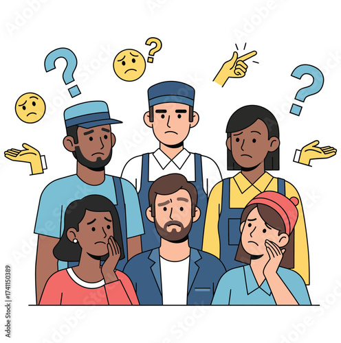 Diverse group of people expressing confusion and uncertainty silhouette
