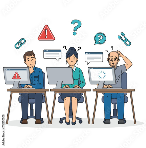 Three people working at computers with various icons above them silhouette