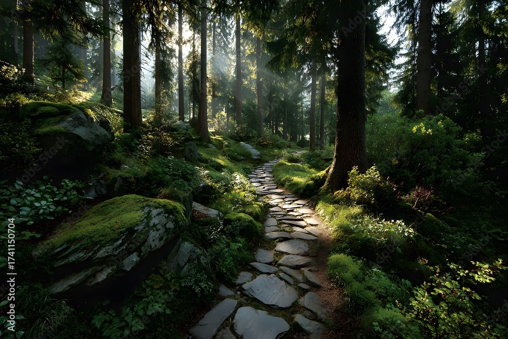 Fototapeta premium Inviting image of a winding stone path leading through a vibrant green forest filled with tall pine trees and lush undergrowth, with sunlight filters.