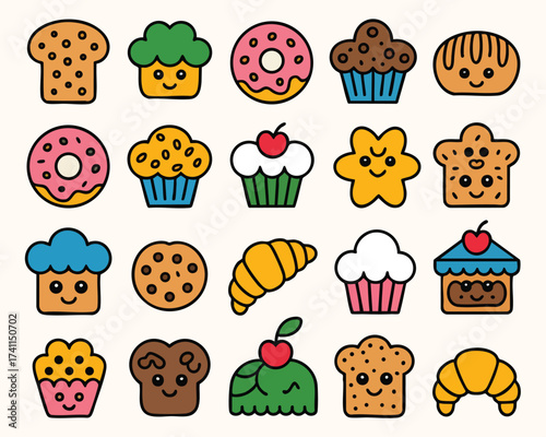 Cartoon bakery sweets vector illustration, cute bread cupcake donut croissant icon set for kids party 100