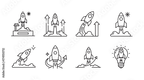 Set of hand drawn rocket ship launch icons representing space travel and innovation concepts vector