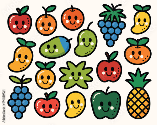 Cute fruit vector illustration featuring apples oranges grapes mango pineapple and other fruits
