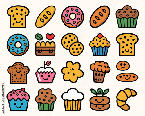 Cute bakery sweets vector illustration set of bread donut muffin croissant cookie cake for design
