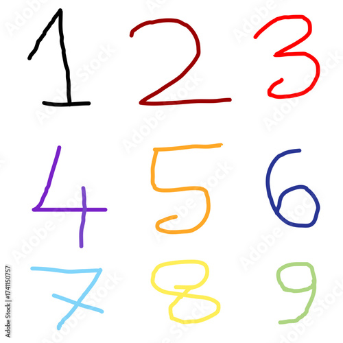 A colorful collection of vector hand drawn numbers one to nine displayed against a clean white background