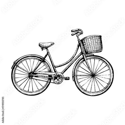 Bicycle with basket illustration in vintage monochrome hand drawn style