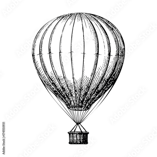 Vintage hot air balloon illustration in monochrome hand drawn style