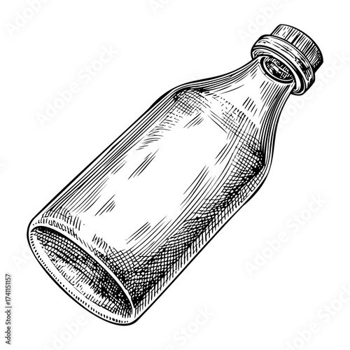 Glass bottle illustration in vintage monochrome hand drawn style