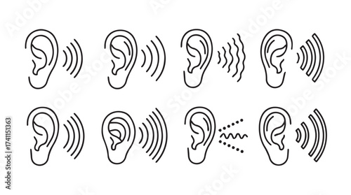Collection of stylized ears illustrating sound waves and listening concept vector